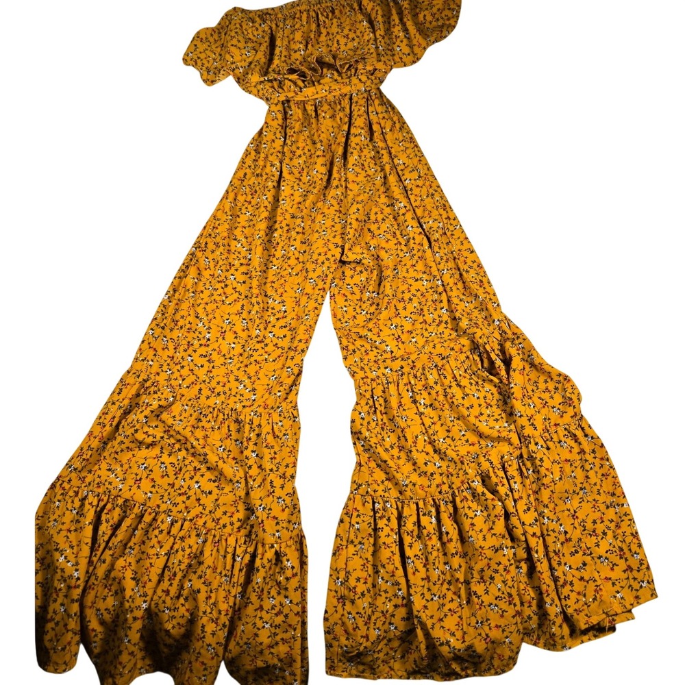 Umgee USA Mustard Yellow Floral Off Shoulder Ruffle Tiered Wide Leg Jumpsuit S